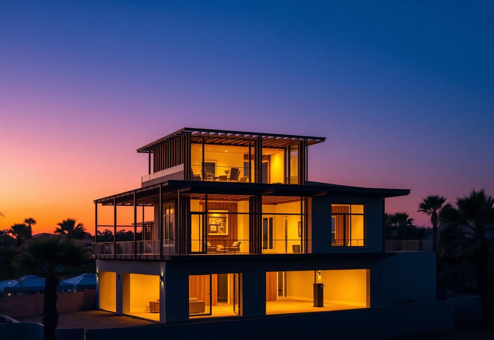 Modern home under construction at twilight